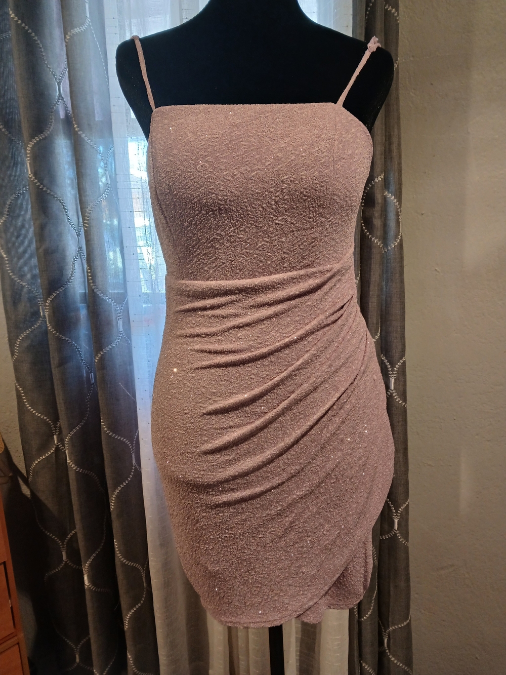 Crystal Doll Mauve Sparkle Ruched Spaghetti Strap Mini Dress